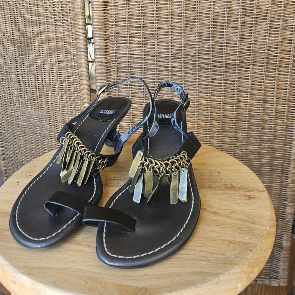 Stuart Weitzman Heeled Toe Ring Sandals with Bronze Metal Fringe - Size 8.5